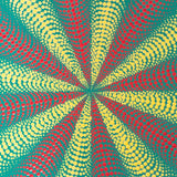 detail of red yellow white dot mandala on green background