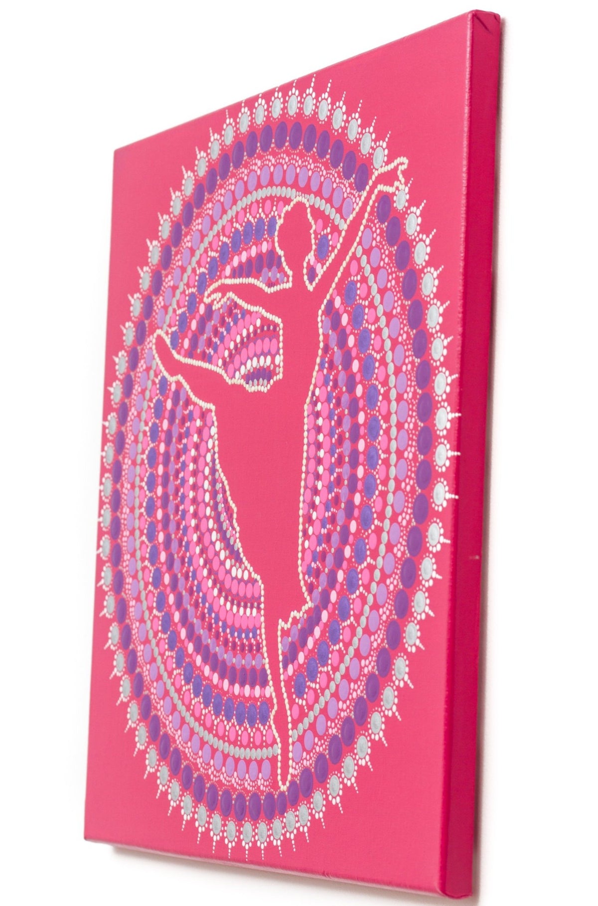 Ballerina silhouette, pink purple white dot mandala, glow in the dark