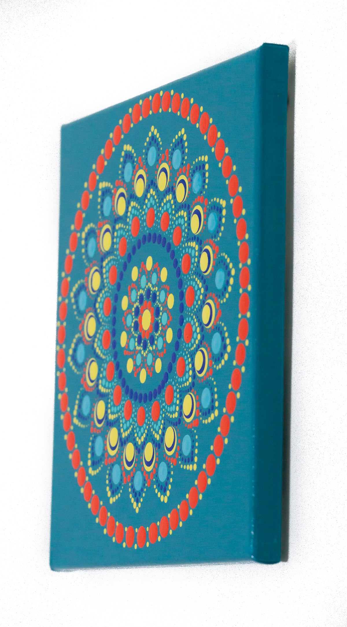 Blue yellow orange meditation Mandala on canvas