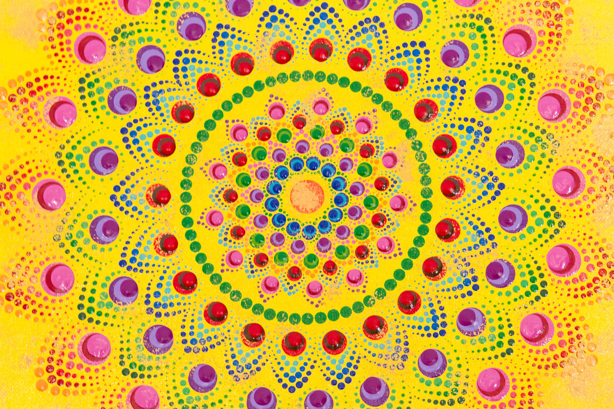 yellow red green purple pink brown colourful dot Mandala