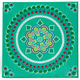Dot mandala, red green yellow blue on green background