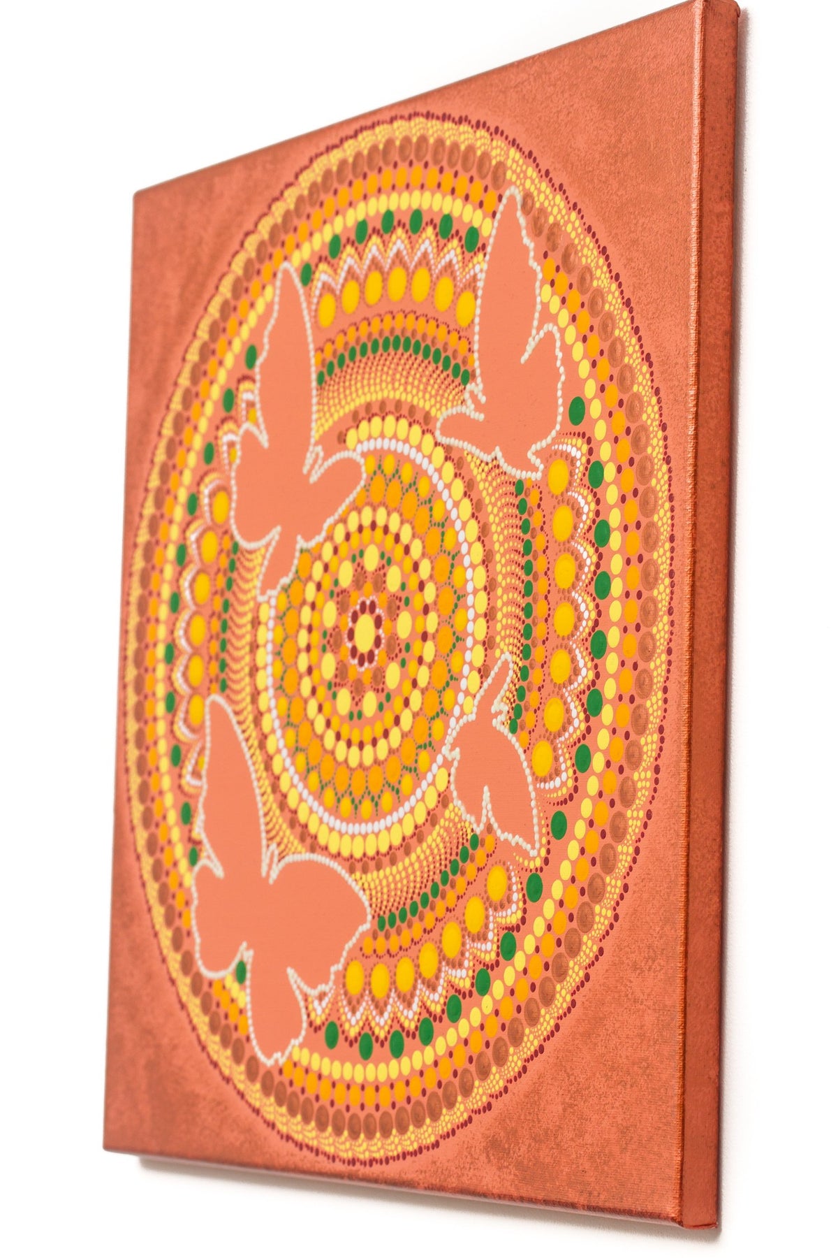 Butterfly dot mandala canvas, orrange bronze yellow white green, glow in the dark