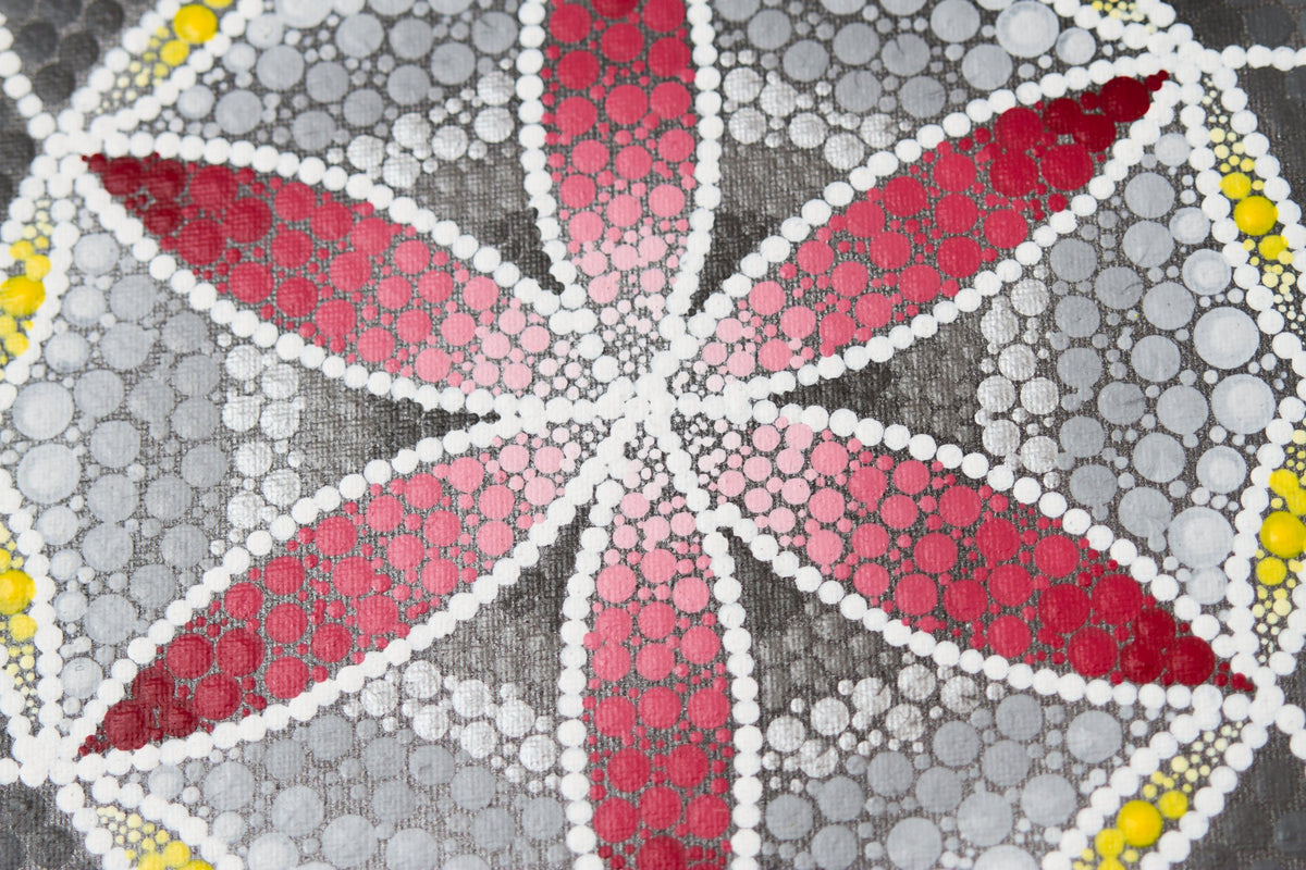 Grey red yellow modern dot mandala on canvas