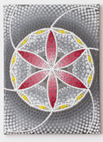 Grey red yellow modern dot mandala on canvas