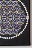 Colourful hexagon dot mandala detail, blue yellow white red