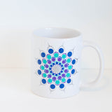 Hand painted Mandala mug, blue, green silver, purple.