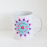 Hand painted Mandala Mug, purple, green, pink, blue, brown
