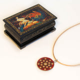 Red green gold white Mandala themed resin necklace