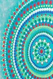 Large dot mandala, red blue green yellow silver turquoise