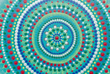 Large dot mandala, red blue green yellow silver turquoise