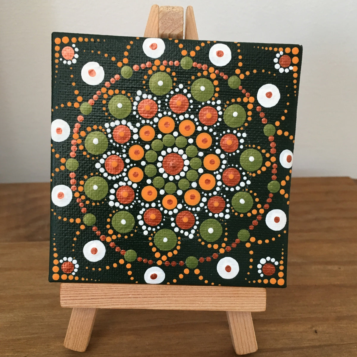 Mini dot mandala with own easel green orange white bronze black
