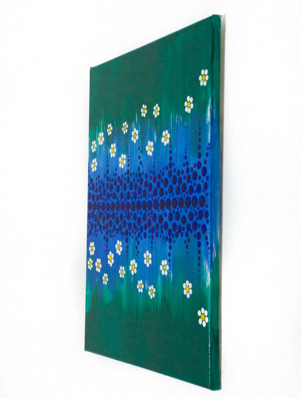 Dot painting | Flowers dot painting | blue green white yellow dot painting