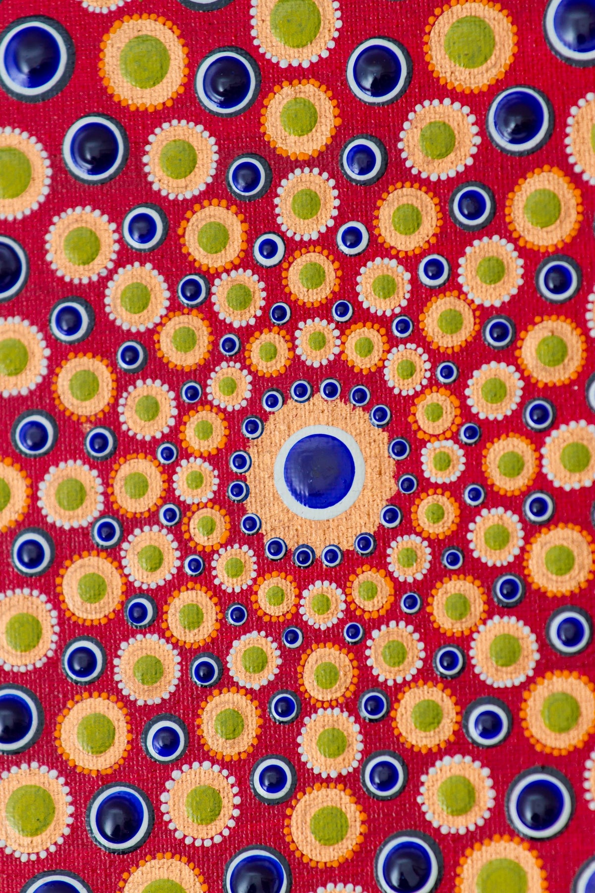 Red blue gold white orange dot mandala detail