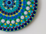 Round meditation dot mandala blue silver green yellow turquoise red