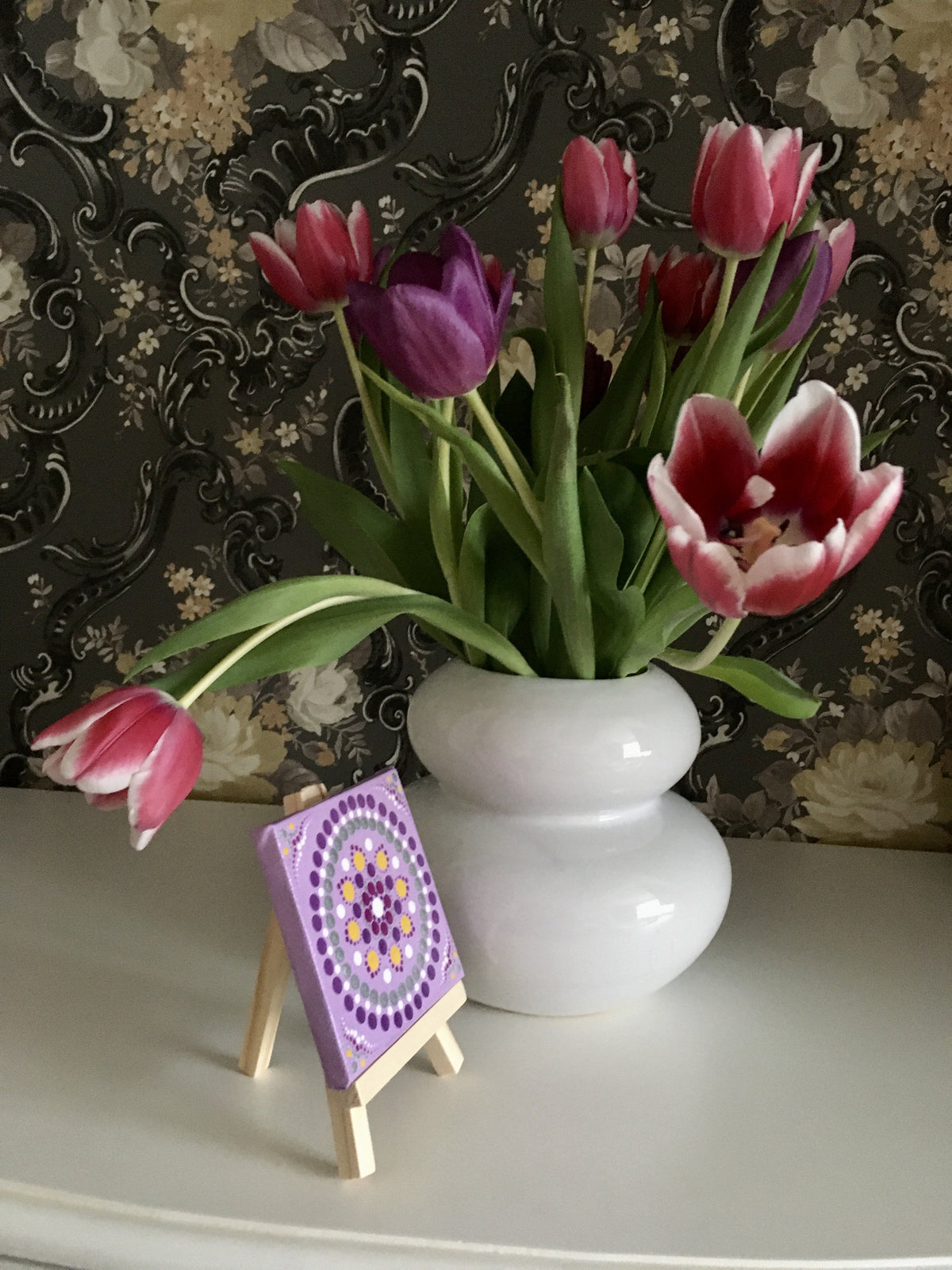 Mini dot mandala with easel purple yellow silver white