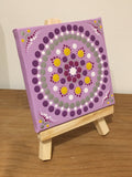 Small dot mandala with own easel purple yellow white silver