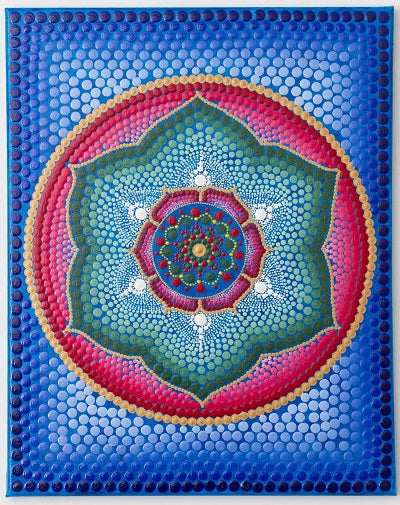 Lotus flower dot Mandala meditation tool blue red green gold white