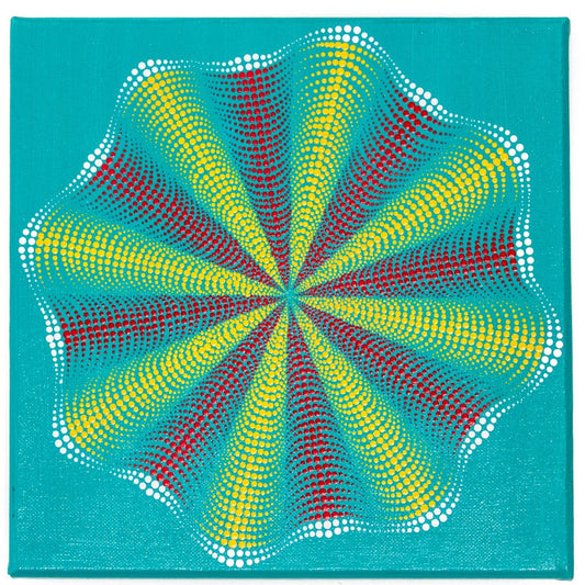 Red yellow white dot mandala on green background