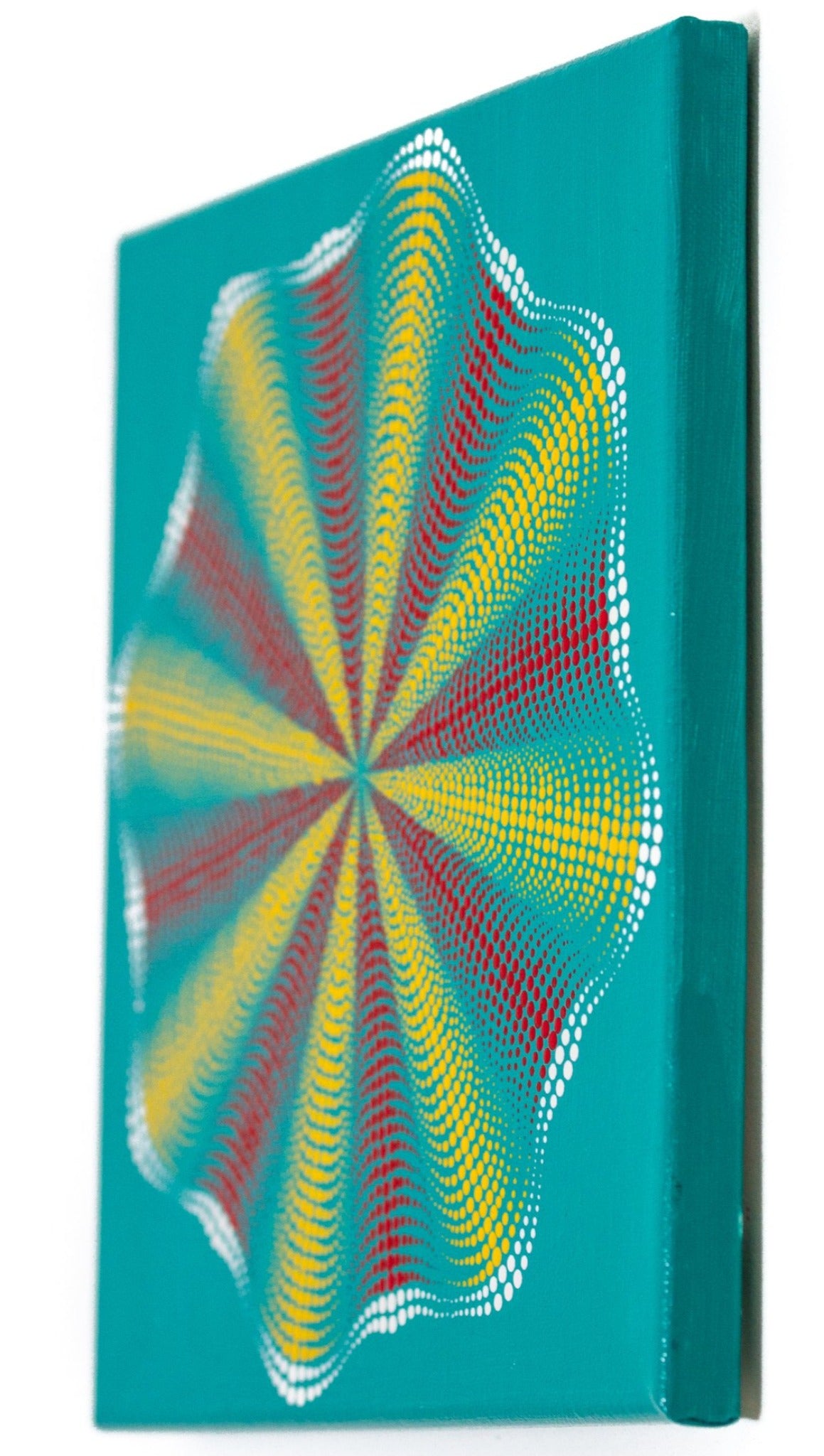 Red yellow white dot mandala on green background, full canvas image