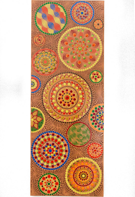 Large canvas with many dot Mandalas, colourful Mandalas on peach background