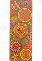 Large canvas with many dot Mandalas, colourful Mandalas on peach background