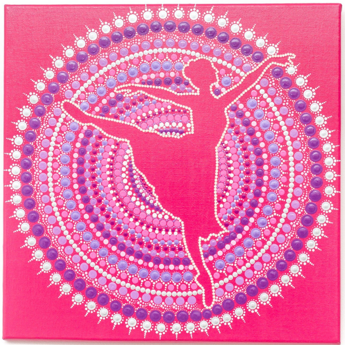 Ballerina silhouette, pink purple white dot mandala, glow in the dark