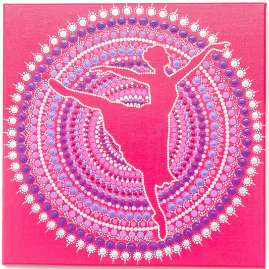 Ballerina silhouette, pink purple white dot mandala, glow in the dark