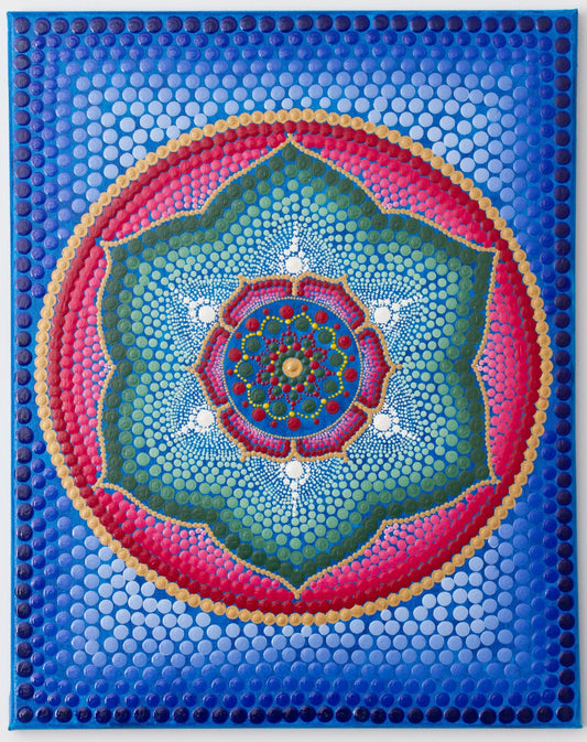 Large blue red green gold lotus dot mandala 