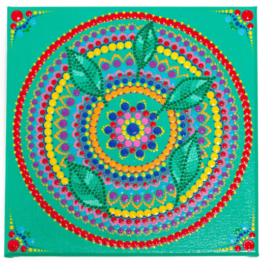 Colourful dot Mandala with leaves blue red purple orange yellow green