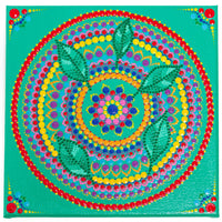 Colourful dot Mandala with leaves blue red purple orange yellow green