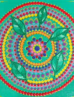Colourful dot Mandala with leaves green red blue purple orange yellow 