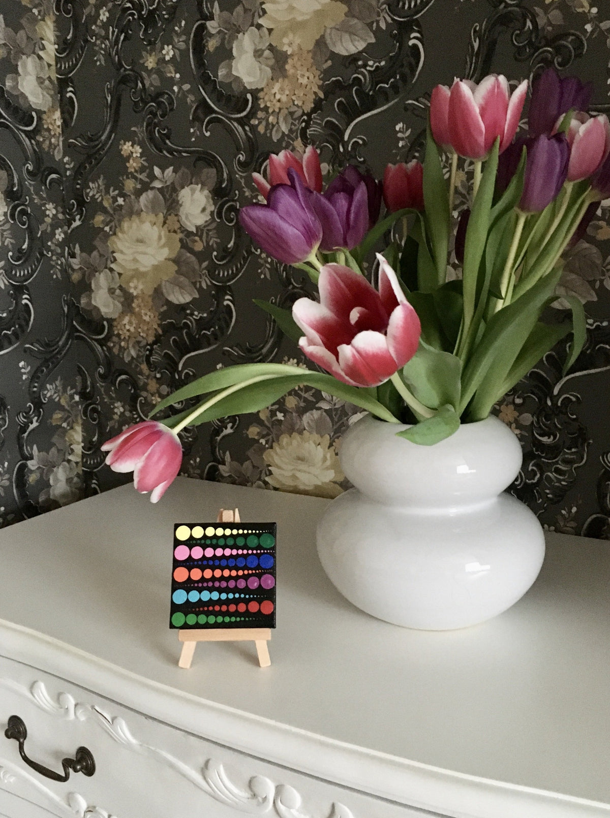 Small colourful dot painting with own canvas yellow green pink blue orange ppurple red