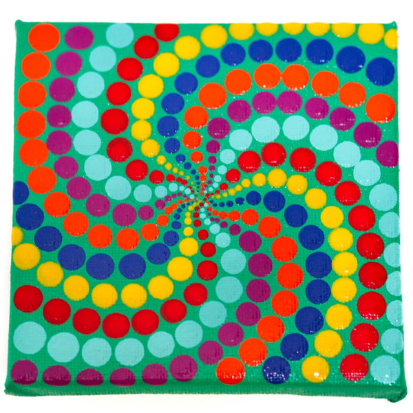Colourful dot painting on mini canvas red yellow blue purple orange