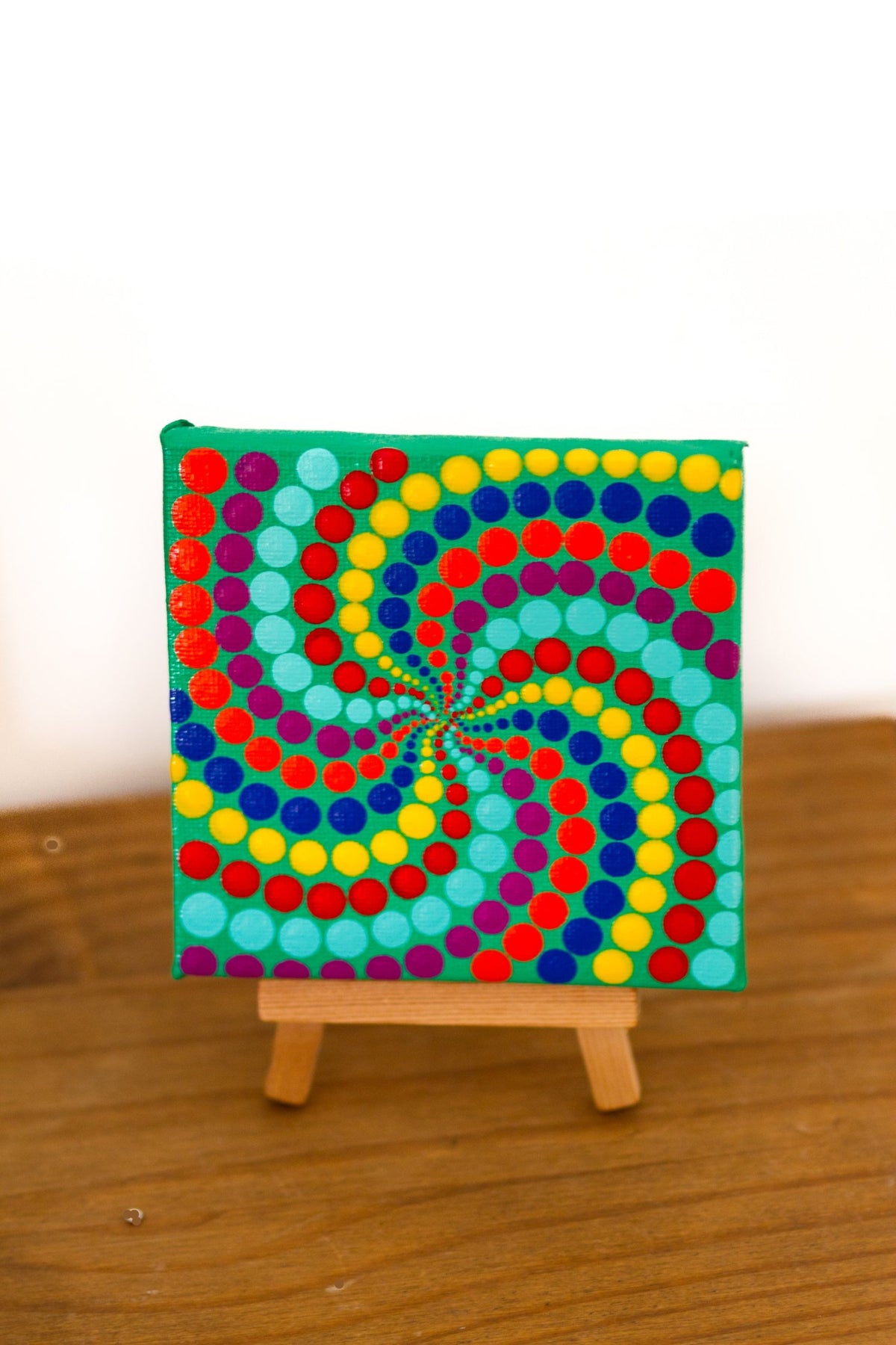 Colourful dot painting on mini canvas with own easel red yellow blue purple orange