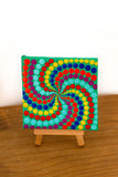 Colourful dot painting on mini canvas with own easel red yellow blue purple orange