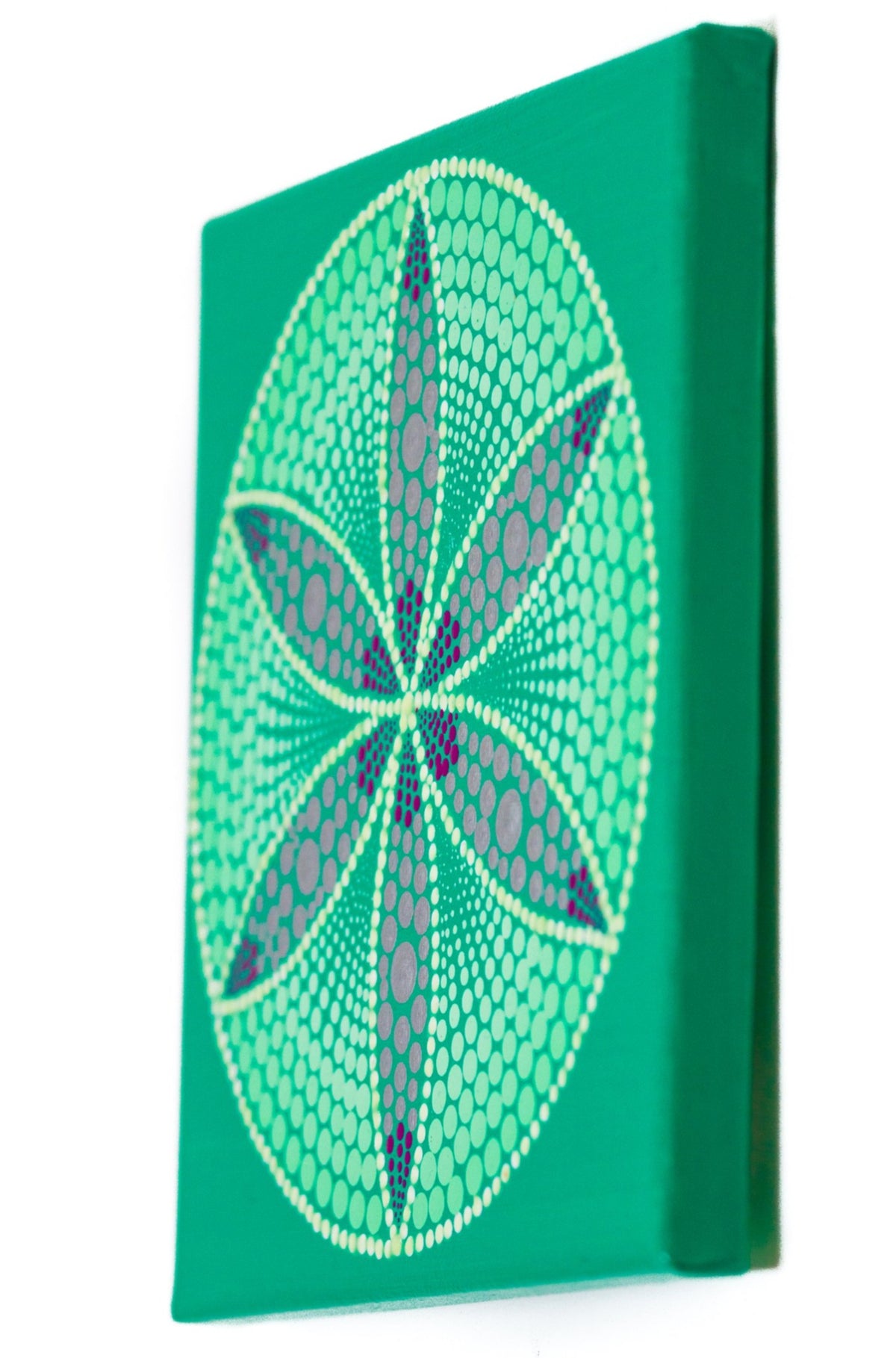 Glow in the dark dot mandala green white silver purple