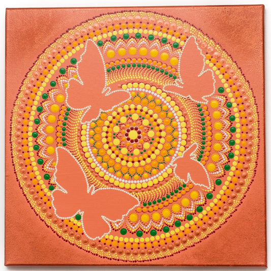 Butterfly dot mandala, orrange bronze yellow white green, glow in the dark