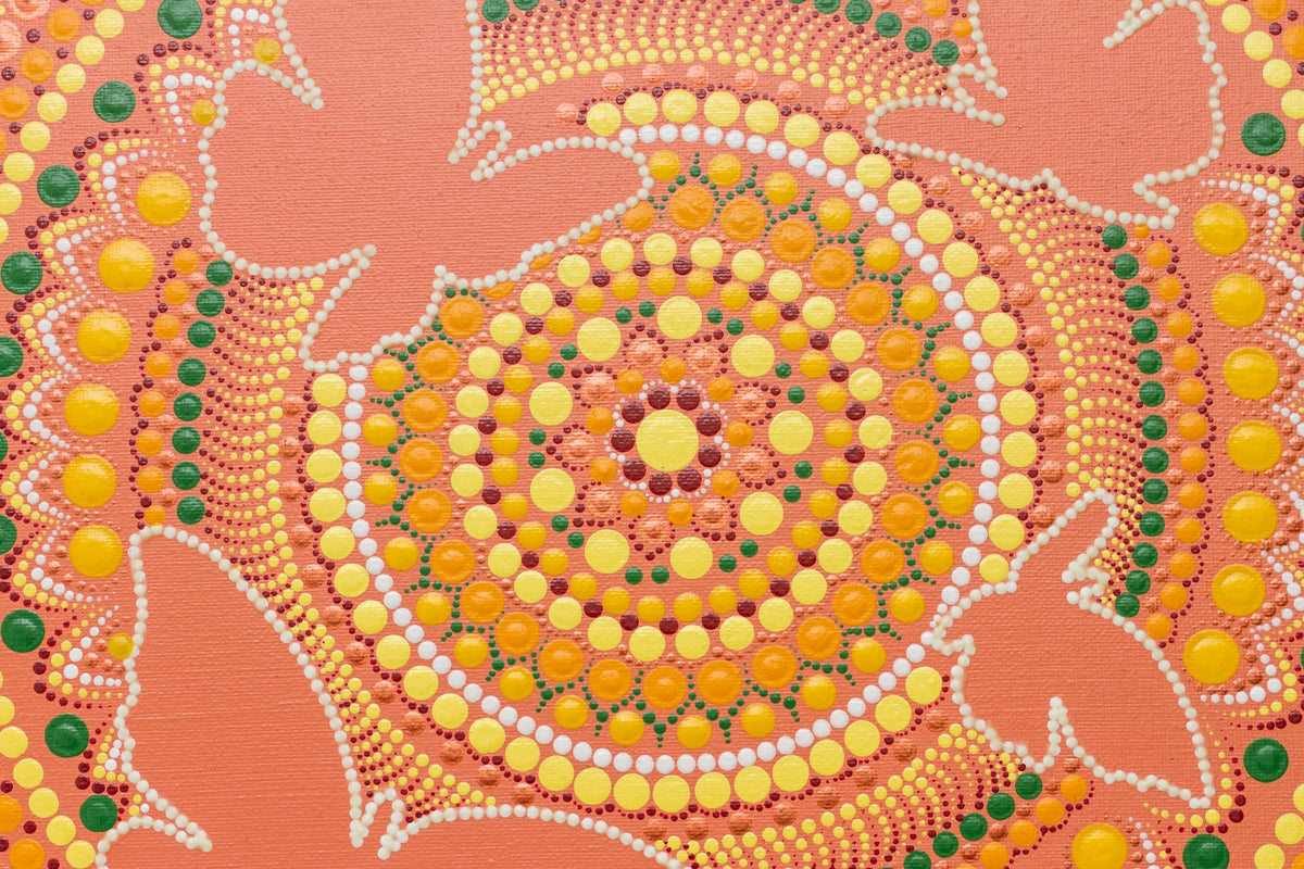Butterfly dot mandala detail, orrange bronze yellow white green, glow in the dark