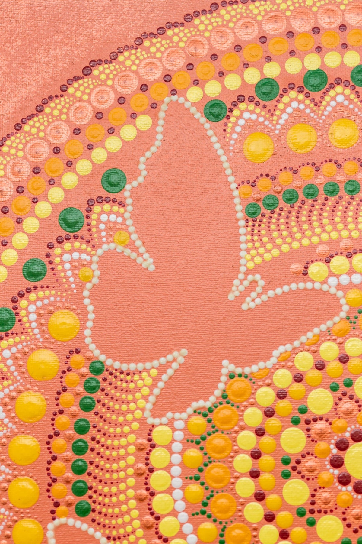 Butterfly dot mandala detail, orrange bronze yellow white green, glow in the dark