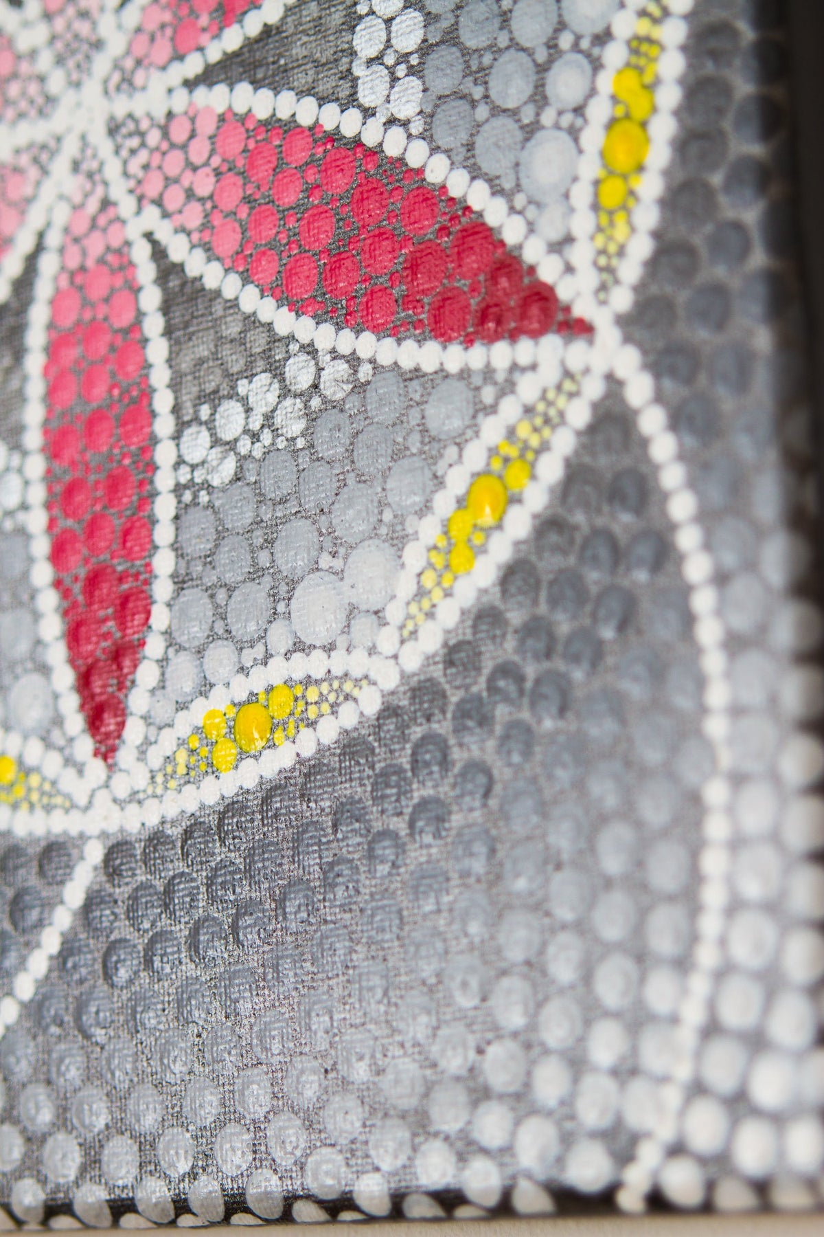 Grey red yellow modern dot mandala on canvas