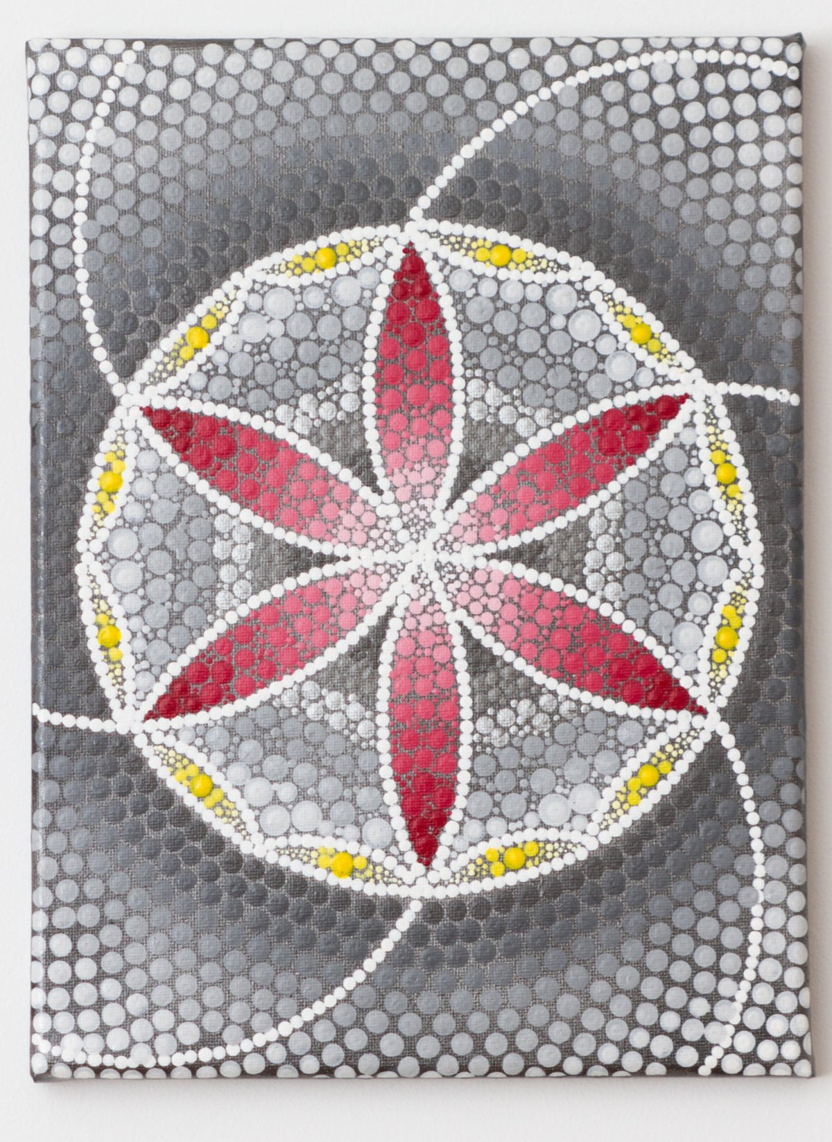 Grey red yellow modern dot mandala on canvas