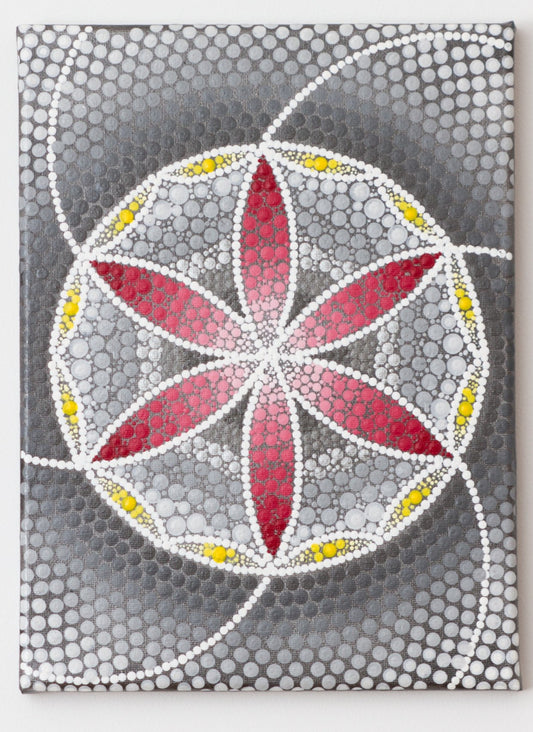 Grey red yellow modern dot mandala on canvas