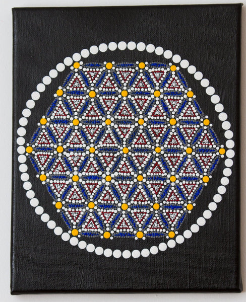Colourful hexagon dot mandala, blue yellow white red