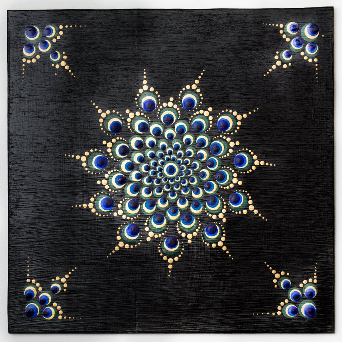 Gold blue green black dot mandala