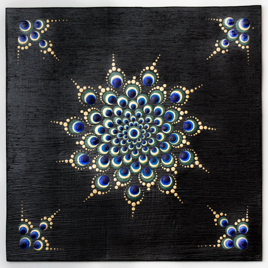 Gold blue green black dot mandala