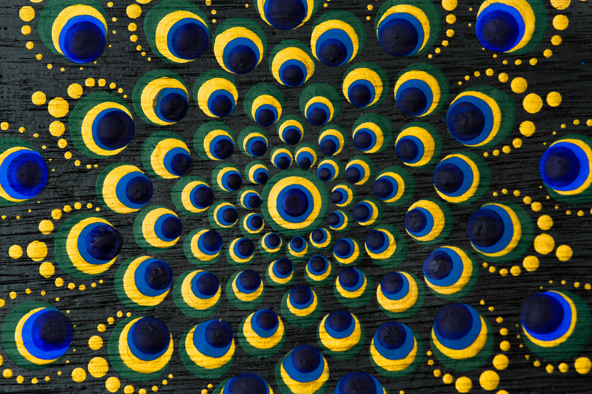 Gold blue green black dot mandala detail