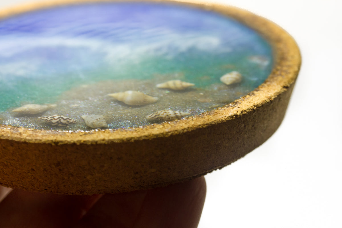 Ocean themed cork and resin coaster 