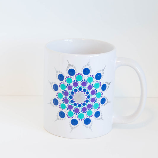 Hand painted Mandala mug, blue, green silver, purple.