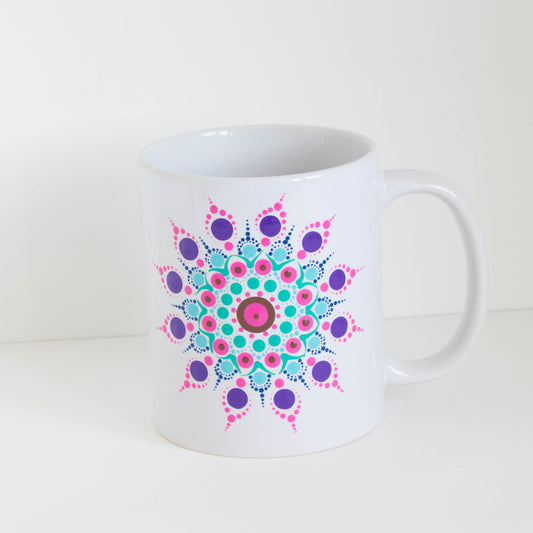 Hand painted Mandala Mug, purple, green, pink, blue, brown