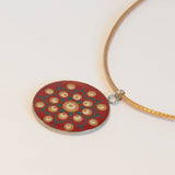 Red green gold white Mandala themed resin necklace